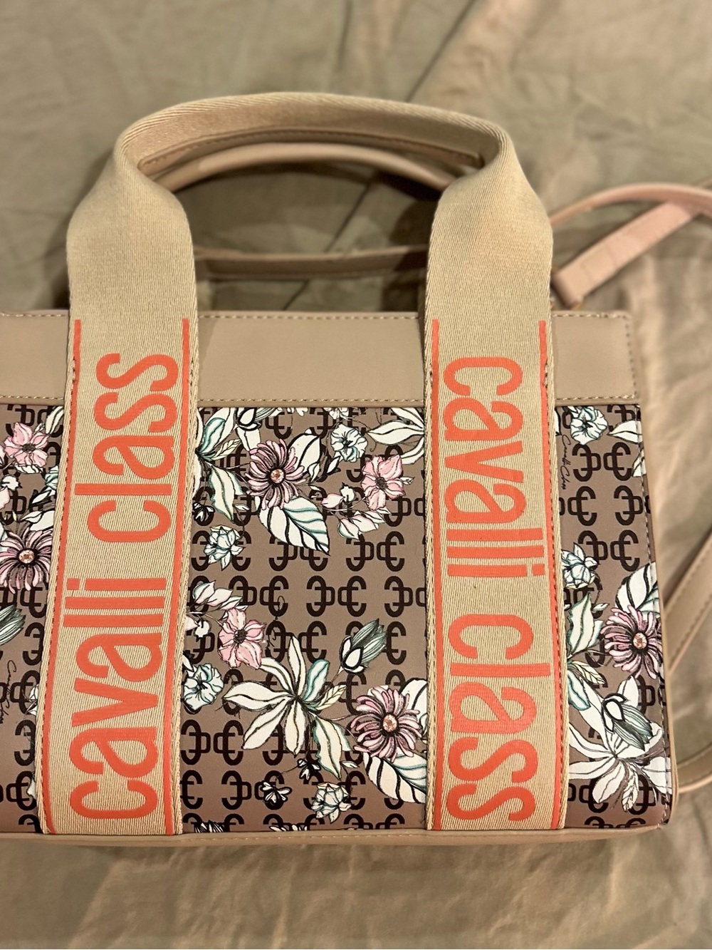 Cavalli Class Brown Floral Logo Tote with Coral Branded Straps